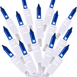 May include: A string of miniature Christmas lights featuring vibrant blue bulbs set into white plastic sockets. The bulbs are arranged in a cluster, each connected by a white wire, creating a bright and uniform display of blue illumination.