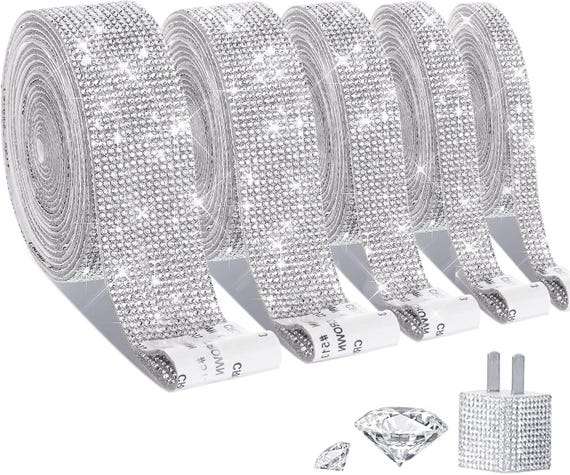 5 Rolls Self Adhesive Crystal Rhinestone Ribbon 2mm Diamond Bling Tape Sticker for Arts, Crafts, Weddings, Parties & DIY Decor (Silver)