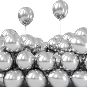 May include: A collection of shiny, silver balloons, some clustered together and others floating above. The balloons have a reflective surface, creating highlights and shadows. The image is set against a plain white background.