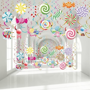 May include: A festive display of colorful candy decorations, including swirl lollipops, wrapped candies, and spiral streamers. The decorations are in various colors, such as red, green, blue, and yellow, creating a cheerful and playful atmosphere.