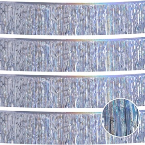 May include: A set of four horizontal panels of iridescent silver fringe curtain. Each panel consists of thin, reflective metallic strips that catch the light to create a shimmering effect. A circular inset shows a close-up of the texture.