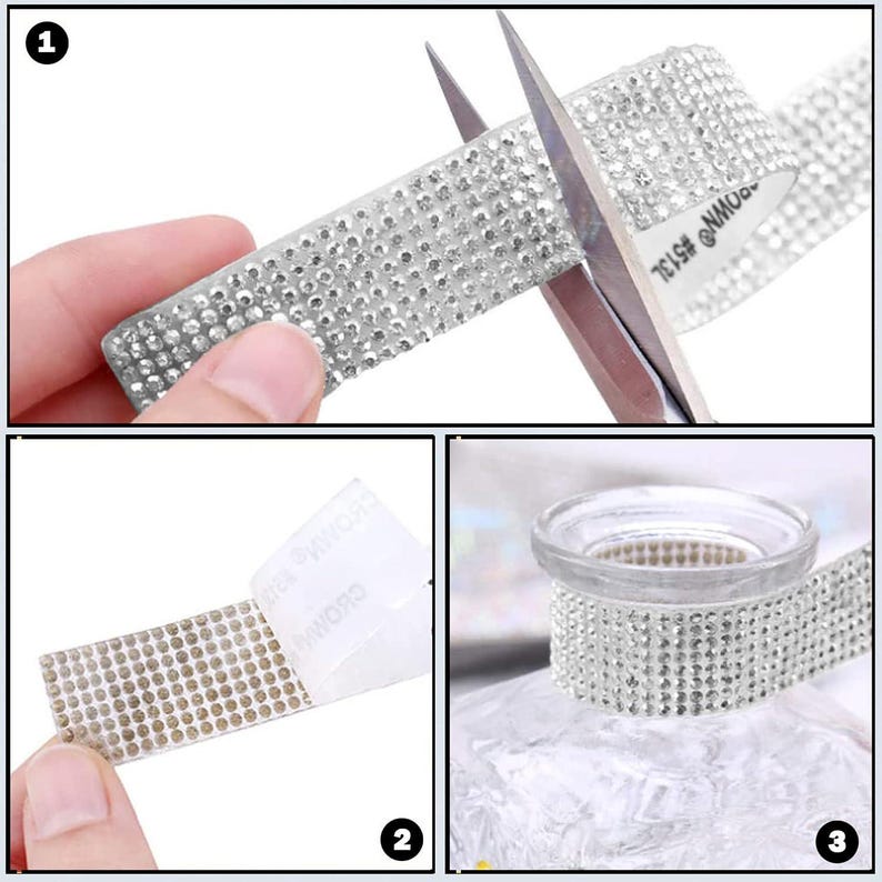 May include: A silver rhinestone ribbon strip featuring a grid of small, reflective crystals. The adhesive backing is partially peeled away in one view, and the strip is shown being cut with scissors and wrapped around a clear glass object.