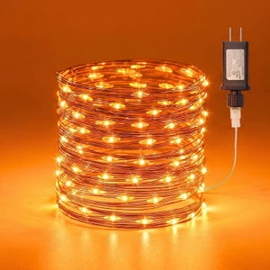 May include: A coil of copper wire string lights featuring numerous small, warm-toned LED bulbs. The wire is wound into a cylindrical shape, and a black electrical power adapter with two metal prongs is attached to the end of the cord.