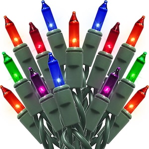 May include: A string of multi-colored incandescent holiday lights featuring red, blue, green, and purple bulbs. Each bulb is set in a dark green plastic socket attached to a thick, dark green insulated wire, creating a festive lighting display.