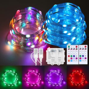 May include: Two coiled LED light strips with USB connectors, two white control boxes with printed instructions, and two remote controls with color-coded buttons. The strips emit multi-colored and solid blue light, with additional examples of green, pink, purple, and red illumination.