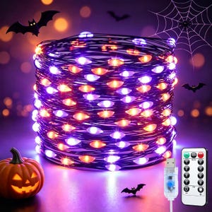 May include: A coiled string of LED lights featuring alternating purple, orange, and white bulbs on a thin black wire. The set includes a USB power connector and a remote control with numbered mode buttons, timer, and brightness adjustment settings.