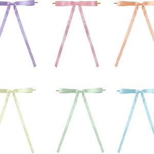 May include: A set of six decorative satin ribbon bows in pastel colors, including lavender, pink, peach, pale yellow, mint green, and light blue. Each bow features two long, thin ribbon tails extending downward from a central knotted bow center.
