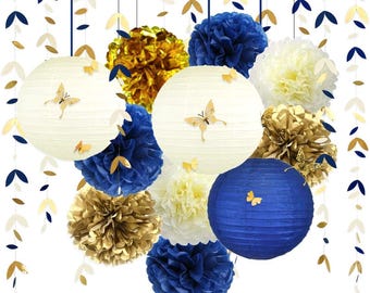 Navy Blue & Gold Party Decor: Lanterns, Flowers, Pom Poms, 3D Butterflies, Garland and Streamers for Birthday Wedding Bachelorette Party