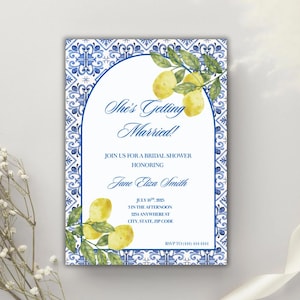 Lemon & Blue Tile Bridal Shower Invitation | Editable Summer Bridal Shower Invite | Mediterranean Theme | Instant Download Printable
