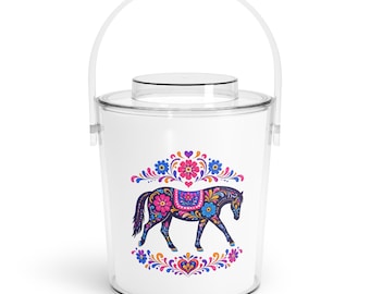 Floral Folk Art Horse Ice Bucket with Tongs | Decorative Beverage Cooler