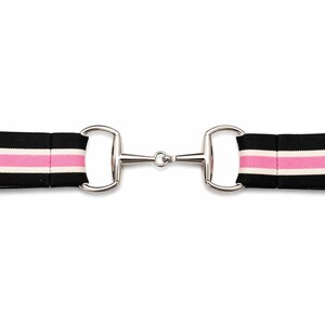 May include: A black and pink striped equestrian bit with a silver metal mouthpiece. The bit features a black elastic strap with a pink and white stripe design. The equestrian equipment is designed for use with a horse.
