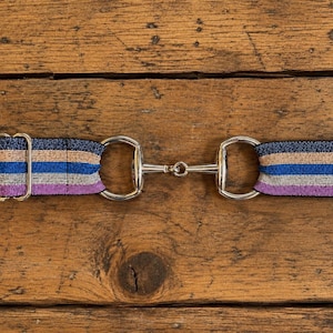 May include: A belt featuring a horizontal striped pattern in shades of dark blue, light blue, silver, and purple with a metallic shimmer. The belt includes a silver-toned metal bit-style buckle in the center and a rectangular silver-toned metal slider.