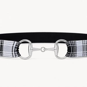 May include: A black and white plaid belt with a silver horse bit buckle. The belt has a black interior and a classic plaid pattern in black, white, and gray. The buckle is a polished silver color.