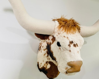 Spotted Texas Longhorn Cow Wall Mount - Faux Taxidermy Longhorn Decor - by JoJoBoo