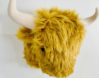 Highland Cow Wall Mount - Faux Taxidermy - Scottish Coo Decor with Golden Fur - by JoJoBoo
