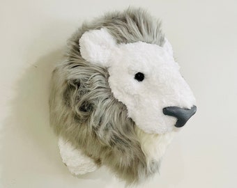 Faux White Lion Taxidermy - Plush Lion Head Wall Mount - Safari Nursery Decor - by JoJo Boo