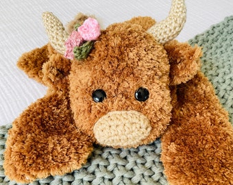 Highland Cow Lovey - Hand Crocheted Highland Coo baby security blanket - by JoJo Boo