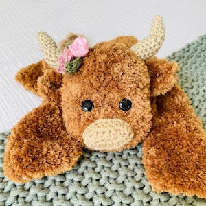 Highland Cow Lovey - Hand Crocheted Highland Coo baby security blanket - by JoJo Boo