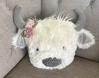 White Highland Cow Pillow, Decorative Nursery Cow, Farmhouse White Pillow - by JoJo Boo