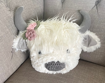 White Highland Cow Pillow: Minky Fur Nursery Decor