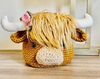 Highland Cow Crocheted Basket - Scottish Coo Crochet Nursery Bin - Longhorn Basket - Baby Shower Gift - by JoJo Boo