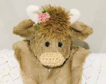 Mini Highland Cow Lovey - Brown Cow Short Hair Security Blanket - by JoJo's Bootique