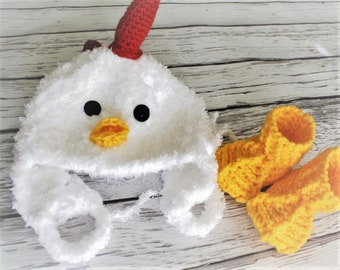 Crocheted Chicken Hat and Booties Set: Baby Costume, Photo Prop