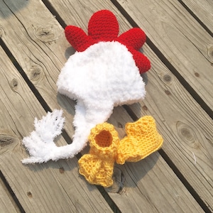 Crocheted Chicken Hat and Booties Set: Baby Halloween Costume