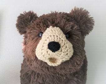 Brown Minky Bear Head Wall Mount: Crochet Accents, Woodland Nursery Decor
