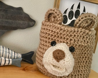 Tan Bear Basket - Woodland Nursery Decor - Crochet Shower Gift Storage Bin - by JoJo's Bootique