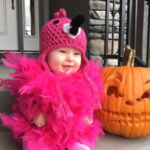 May include: A baby dressed in a pink flamingo costume with a crocheted hat and feather boa. The baby is smiling and sitting on a step in front of a carved pumpkin.