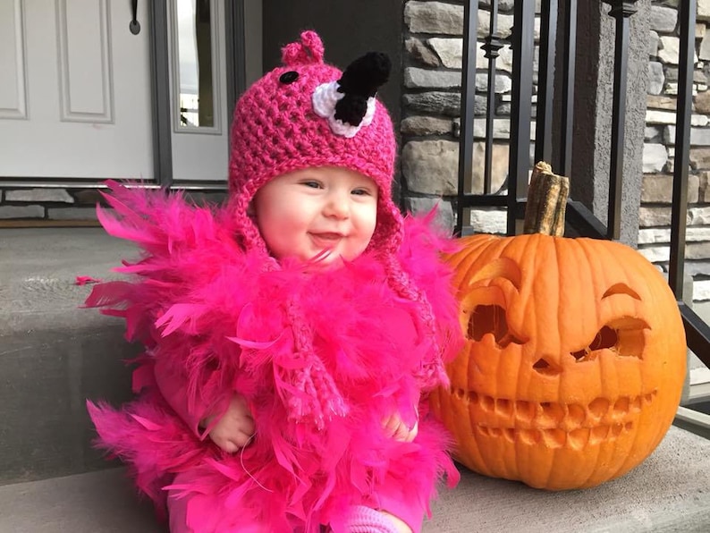 May include: A baby dressed in a pink flamingo costume with a crocheted hat and feather boa. The baby is smiling and sitting on a step in front of a carved pumpkin.