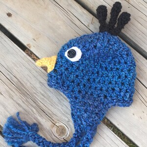 May include: Blue crocheted hat with a yellow beak, black crest, and a white button eye. The hat has long blue tassels.