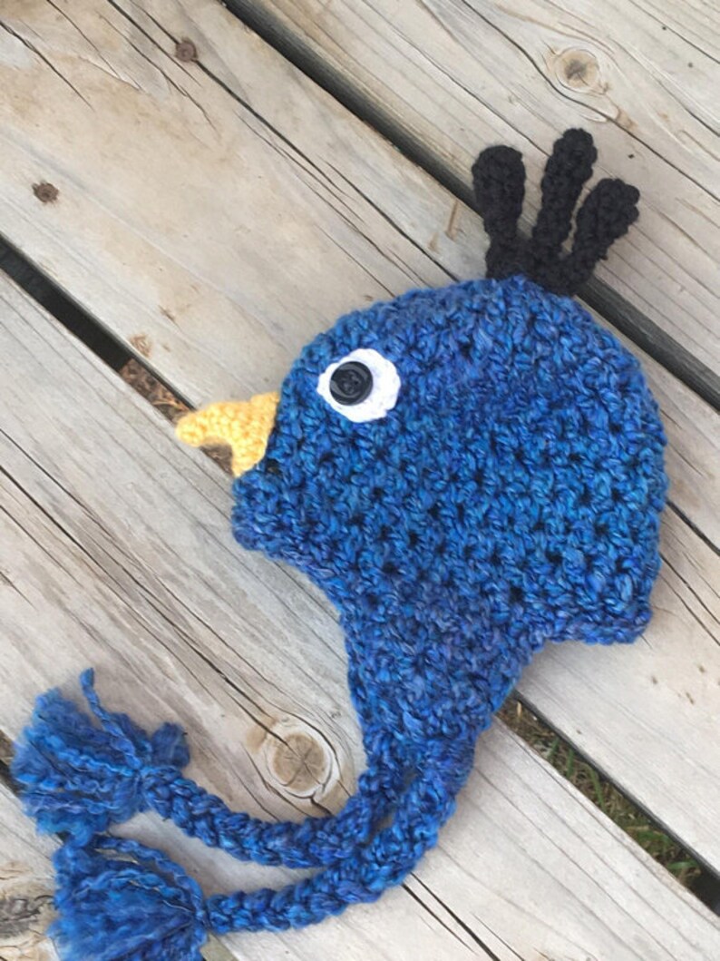 May include: Blue crocheted hat with a yellow beak, black crest, and a white button eye. The hat has long blue tassels.