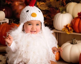 Crocheted Baby Chicken Costume: Feathered Romper, Hat & Booties