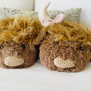 May include: Two brown plush Highland Cow head-shaped pillows with embroidered faces. One pillow has a pink bow on top.