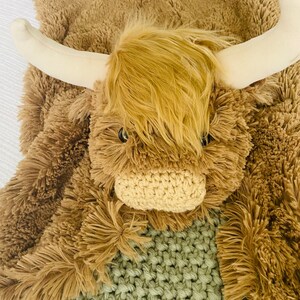 May include: A plush brown and white Highland cow rug with a crocheted nose and large, fluffy fur. The rug is lying on a green knitted blanket.