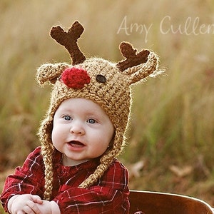 Baby Reindeer Hat - Deer Christmas Photo Prop - Crocheted Holiday Beanie - by JoJosBootique