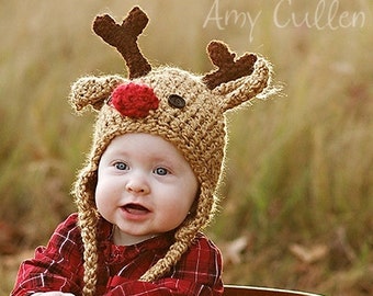 Baby Reindeer Hat - Deer Christmas Photo Prop - Crocheted Holiday Beanie - by JoJosBootique