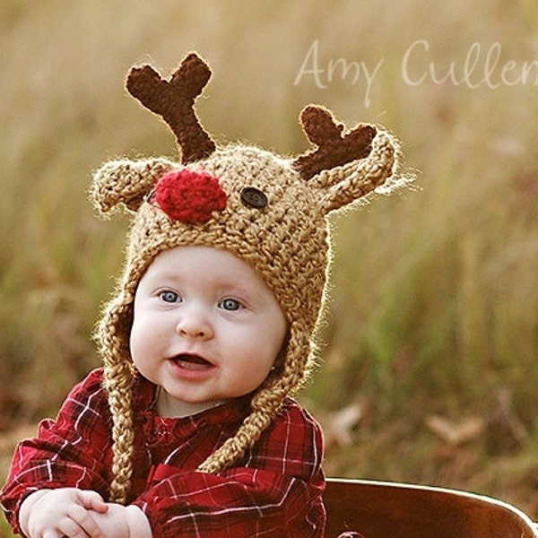 Baby Reindeer Hat - Deer Christmas Photo Prop - Crocheted Holiday Beanie - by JoJosBootique