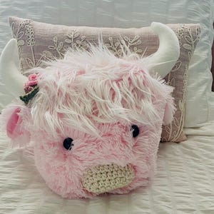 Highland Cow Pillow: Minky Fur Nursery Decor Pink Cow