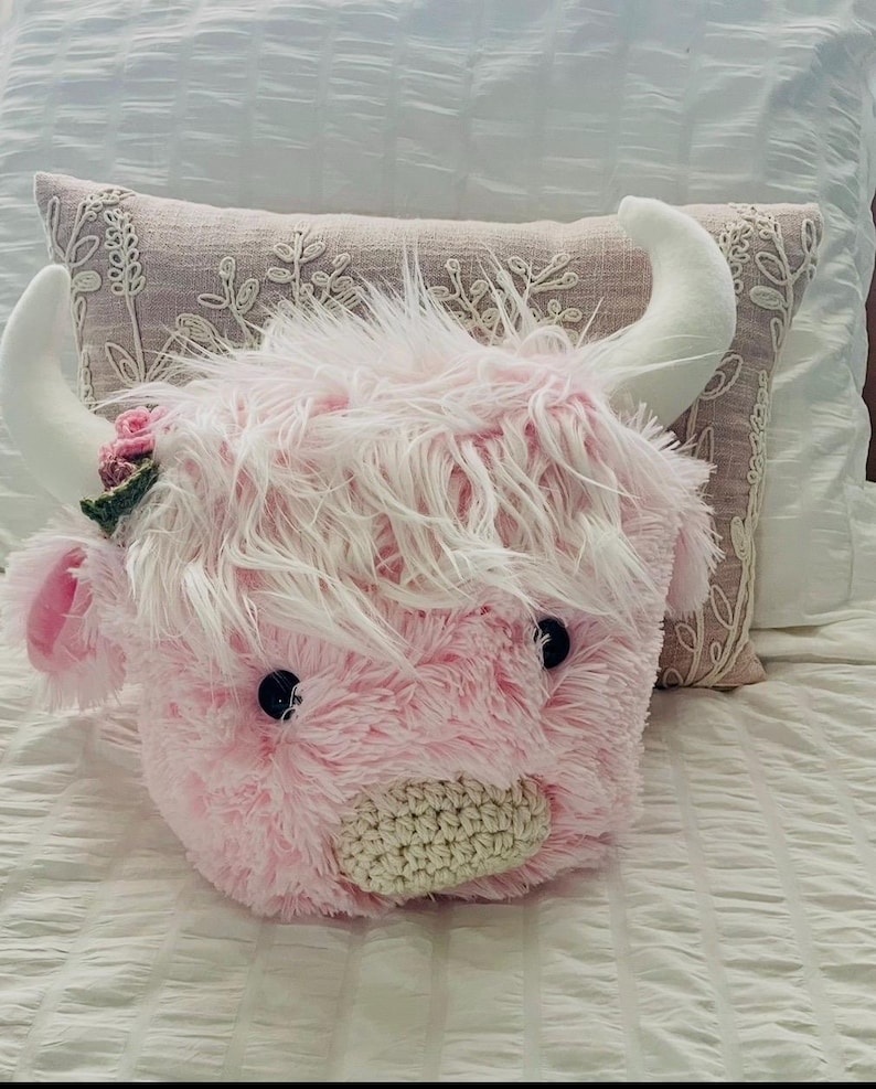 Highland Cow Pillow: Minky Fur Nursery Decor Pink Cow