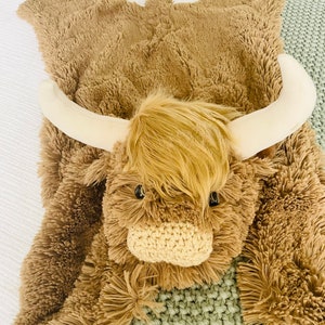 May include: A brown and white plush highland cow rug with a fluffy texture. The rug features a large head with a white nose and horns.