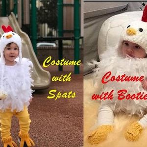 May include: Two babies dressed in white chicken costumes. The baby on the left is wearing yellow pants and yellow chicken feet. The baby on the right is wearing white pants and yellow chicken feet. The text "Costume with Spats" is on the left and "Costume with Booties" is on the right.