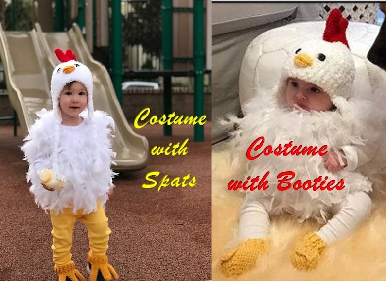 May include: Two babies dressed in white chicken costumes. The baby on the left is wearing yellow pants and yellow chicken feet. The baby on the right is wearing white pants and yellow chicken feet. The text "Costume with Spats" is on the left and "Costume with Booties" is on the right.