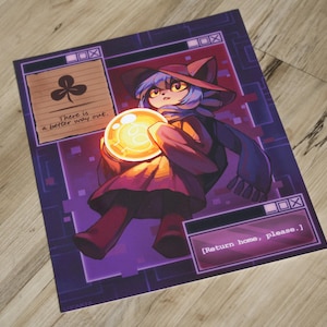 May include: A print featuring a character from the video game *OneShot* holding a glowing orb. The character is wearing a hat and scarf, with text that reads "There is a better way out." and "Return home, please."