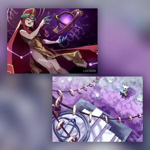 May include: Two digital art prints. The top print features a woman in a gold and red outfit holding a purple orb. The bottom print shows a creature in a purple landscape. The prints have a fantasy theme.