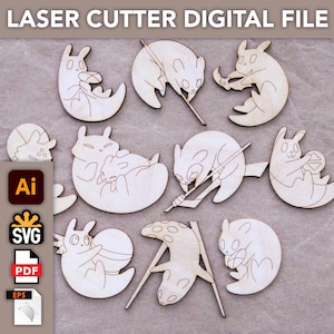 May include: A collection of light-colored wooden laser-cut shapes featuring various cartoon creatures in different poses. The image includes text reading LASER CUTTER DIGITAL FILE, along with icons for Ai, SVG, PDF, and EPS file formats.