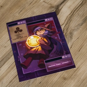 May include: A purple and brown art print featuring a character holding a glowing orb. The character wears a hat and scarf. Text includes "There is a better way out" and "Return home, please."