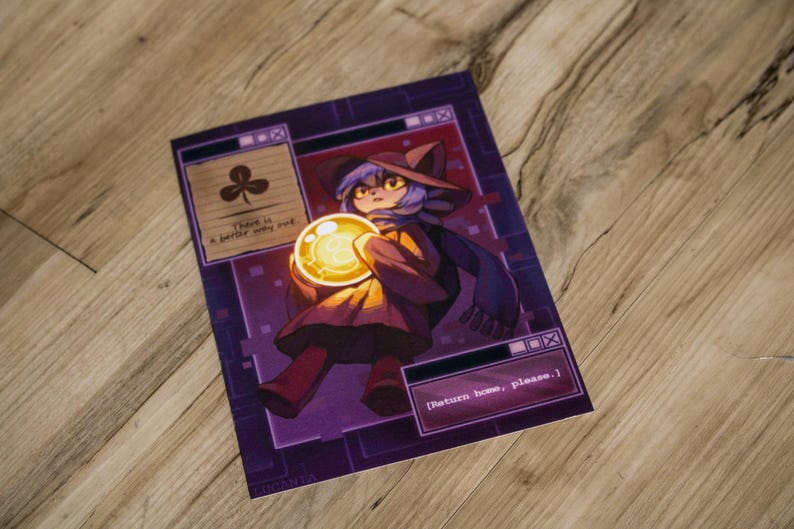 May include: A purple and brown art print featuring a character holding a glowing orb. The character wears a hat and scarf. Text includes "There is a better way out" and "Return home, please."